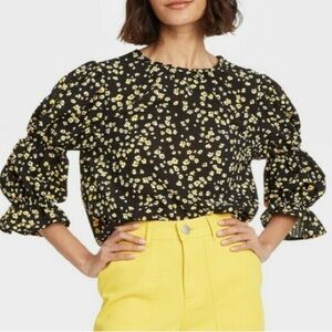 Who What Wear Blouse Top Black White Daisy Print Floral Puff Sleeve Plus XXL